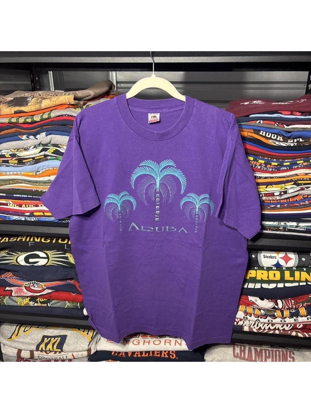 Vintage 90s Aruba Palm Tree Souvenir T-Shirt Made in USA Purple XL